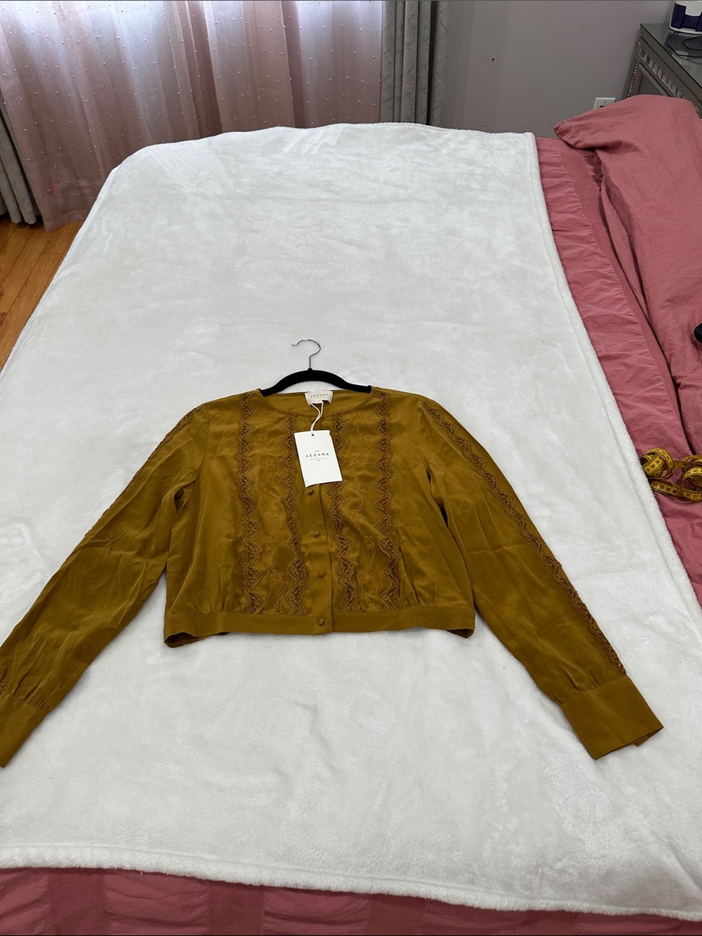 Sezane Olive-Mustard Embroidered Button shirt size 4 - Picture 13 of 16
